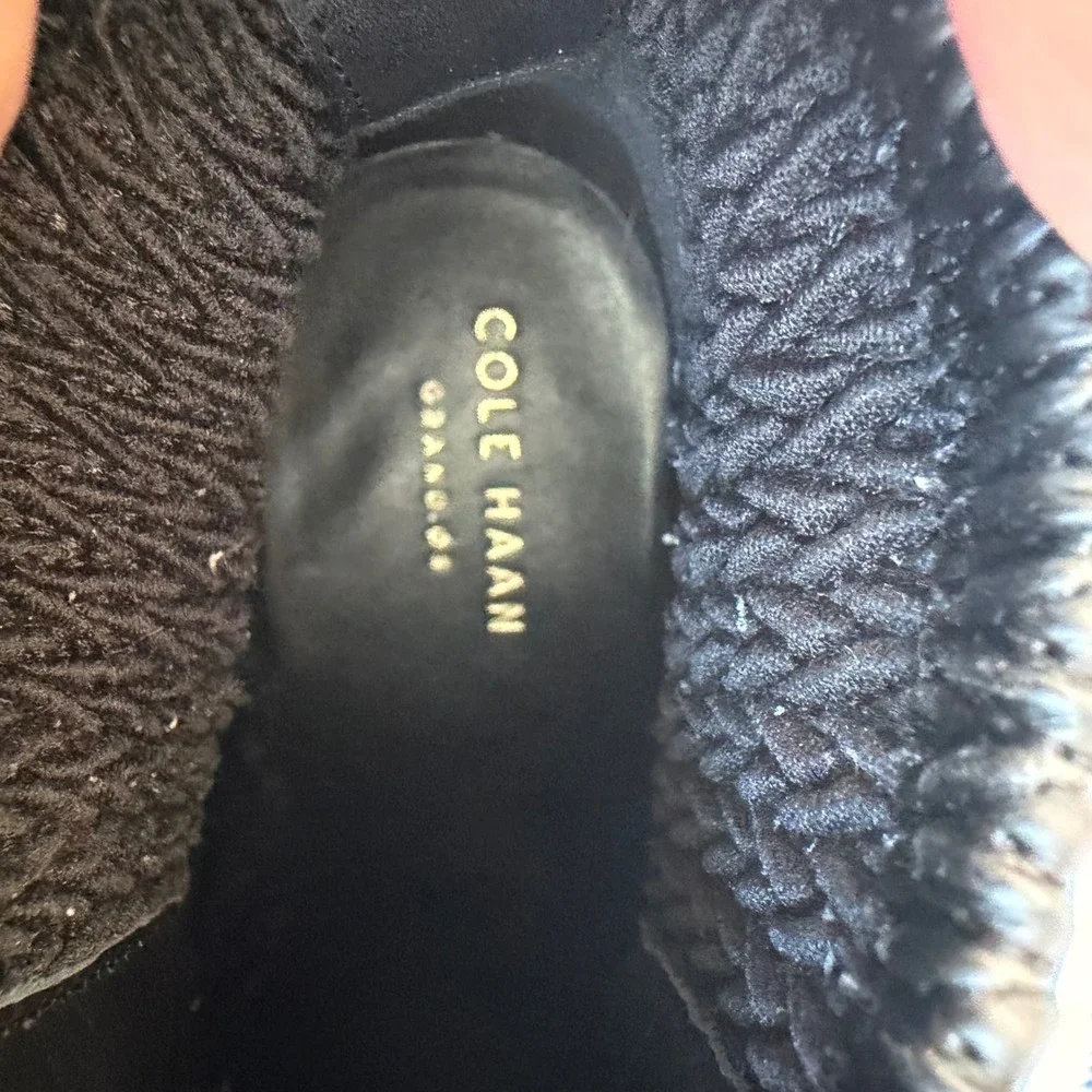 Cole Haan Grand.OS Black Leather Woven Mixed Media Block Heel Boots W08626‎ 6B